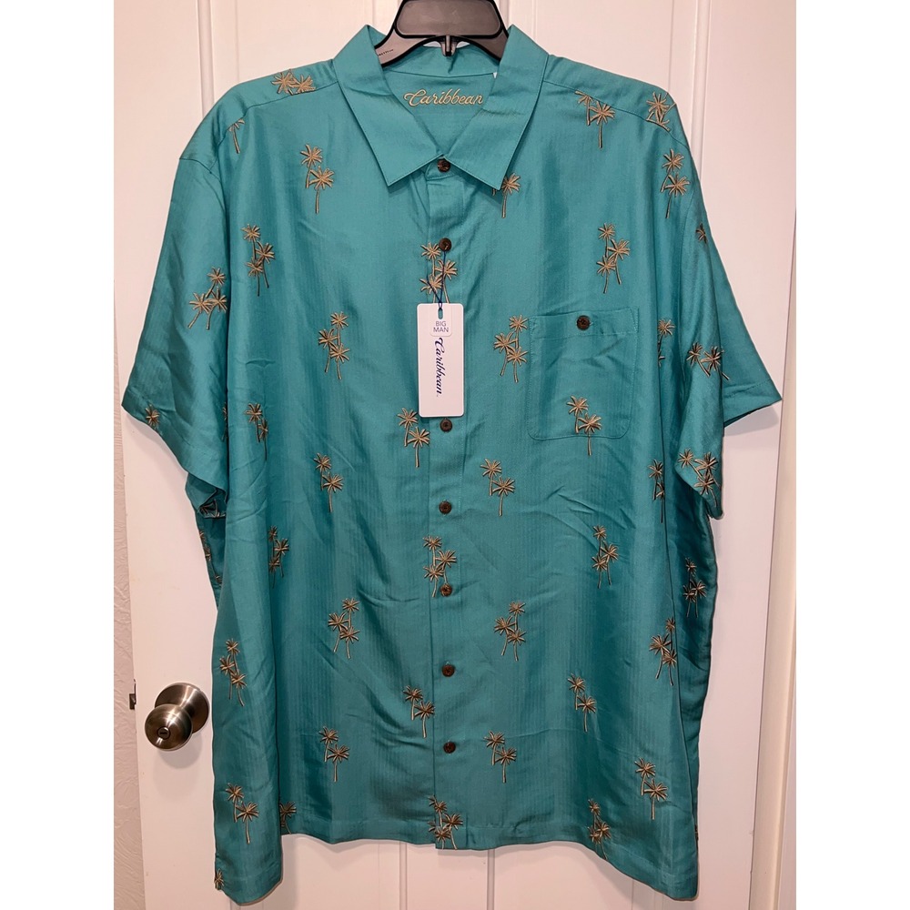 NWT Caribbean Roundtree & Yorke Mens 4XB Teal Embroidered Palm Tree Camp Shirt